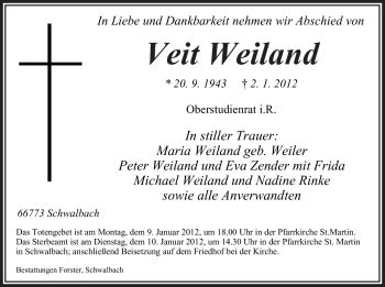 Traueranzeigen Von Veit Weiland Saarbruecker Zeitung Trauer De