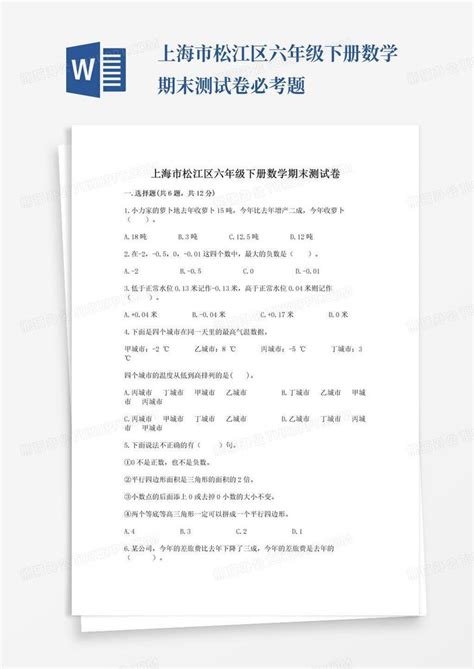 上海市松江区六年级下册数学期末测试卷必考题word模板下载编号lxaornde熊猫办公