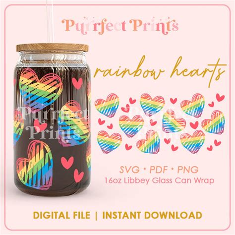 Rainbow Hearts 16oz Glass Can Full Wrap Svg Cute Hearts Doodle Sketchy