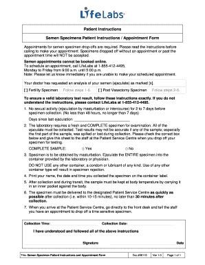 Fillable Online Semen Specimens Patient Instructions Appointment Form