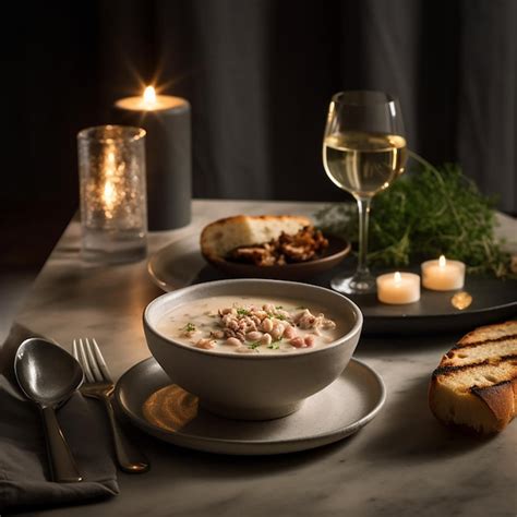 Un Plato De Sopa Con Una Copa De Vino Al Lado Foto Premium