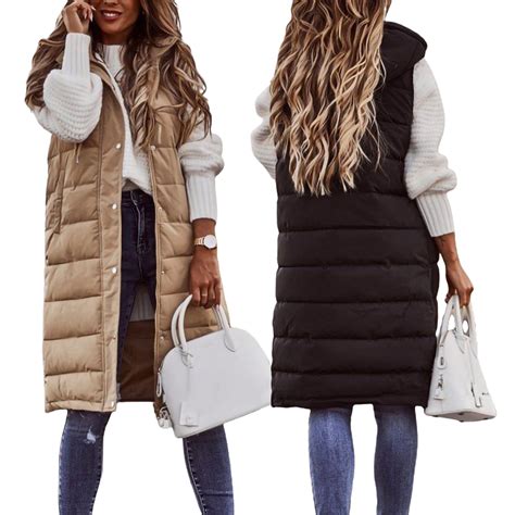 Women Warm Keeping Long Gilet Solid Colour Sleeveless Zipper Puffer