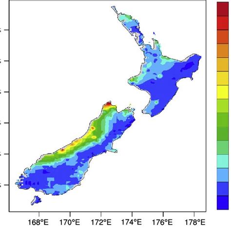 Contour map of the interpolated daily rainfall for New Zealand on June ...