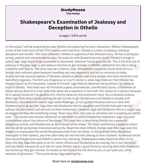 Shakespeare S Examination Of Jealousy And Deception In Othello Free Essay Example