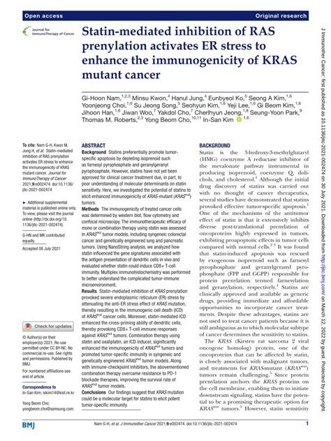 Pdf Statin Mediated Inhibition Of Ras Prenylation Activates Er