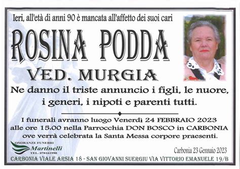 Funerali E Annunci Funebri A Carbonia Rosina Podda Funer24