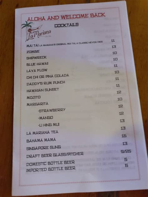 Menu At La Mariana Sailing Club Honolulu 50 Sand Island Access Rd