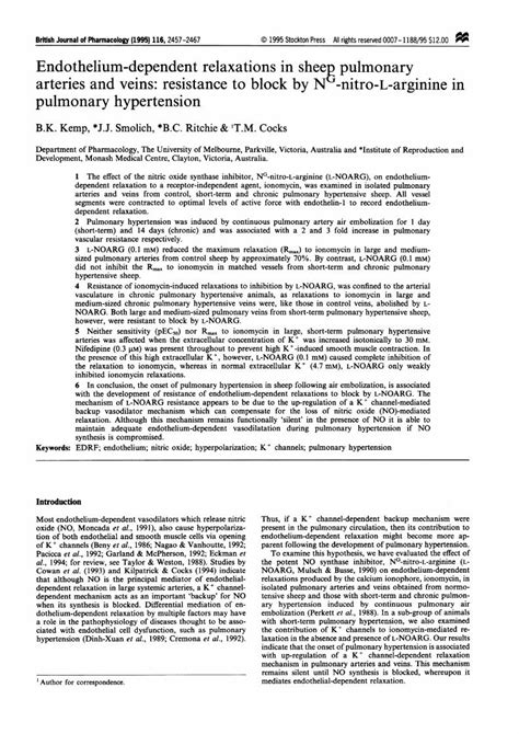 Pdf Endothelium Dependent Relaxations In Sheep Pulmonary Arteries And