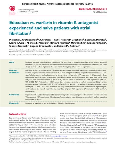 Pdf Edoxaban Vs Warfarin In Vitamin K Antagonist Experienced And