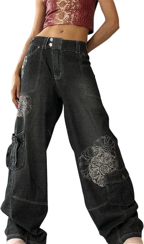 Women Y2k E Girl Streetwear High Waisted Cargo Pants Wide Leg Denim