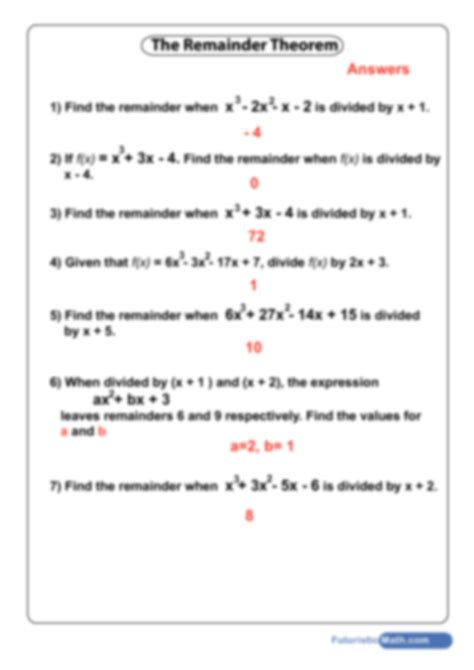 SOLUTION: Remainder theorem worksheet - Studypool