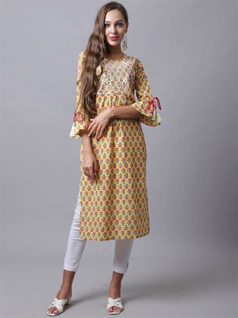 Buy Rajnandini Women Yellow Ethnic Motifs Printed Flared Sleeves Thread