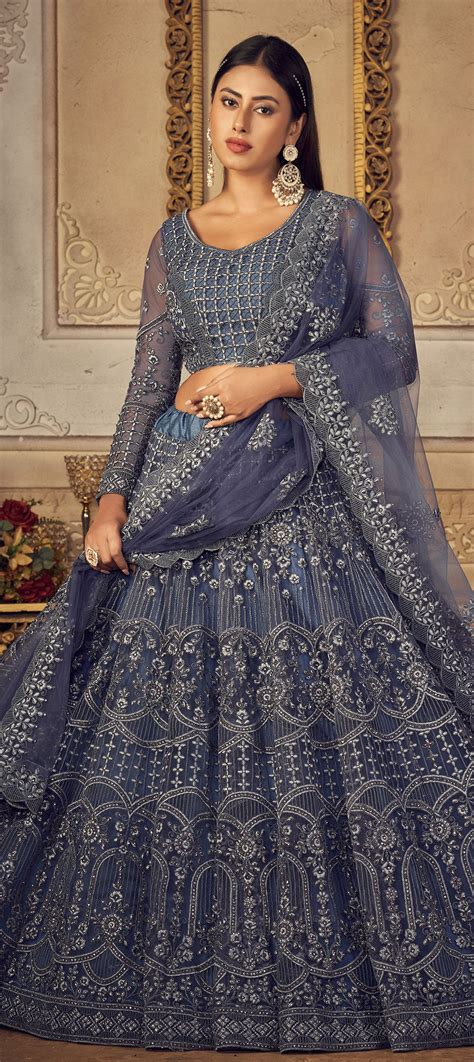 Festive Reception Wedding Black And Grey Color Net Fabric Lehenga