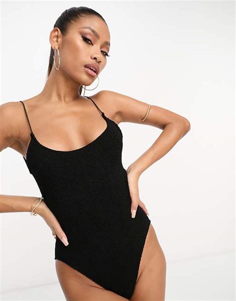 Asos Design Crinkle Scoop Neck Skinny Strap Swimsuit In Black Asos