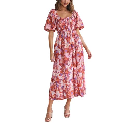 Women Cold Shoulder Loose Bohemian Floral Dress Short Sleeve Long Maxi Summer Beach Swing Dress