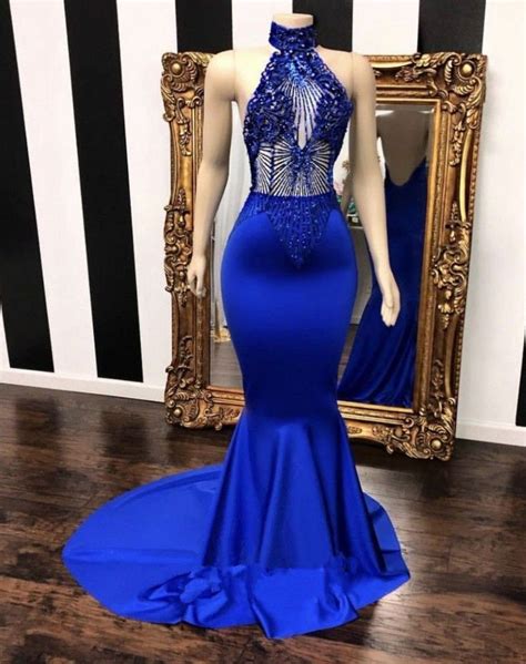 High Neck Halter Beaded Royal Blue Satin Prom Dress Sleeveless