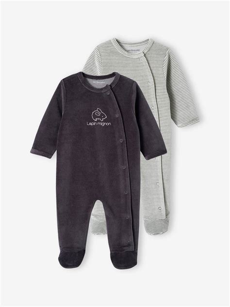 Lot de 2 pyjamas bébé en velours ouverture naissance nuage lot ivoire