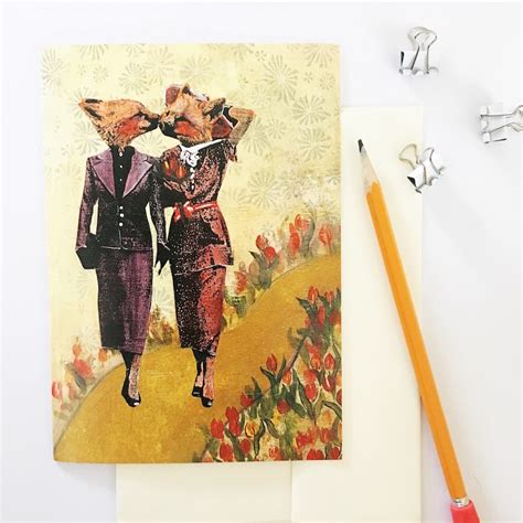 Illustrated Lesbian Card Kissing Gay Foxes Greeting Cards Etsy