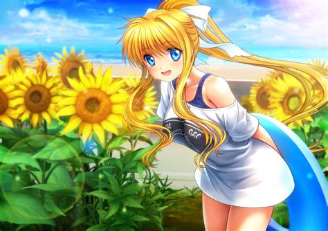 Air Beach Blonde Hair Blue Eyes Bow Flowers Grass Kamio Misuzu Long