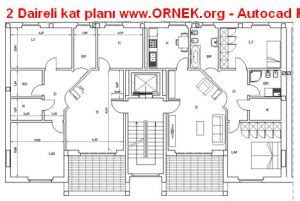 2 Daireli kat planı dwg projesi Autocad Projeler