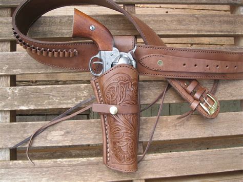 Western Gun Belt 45 Cal 36 Hip Size Brown Cowhide Leather Tooled Holster Ebay