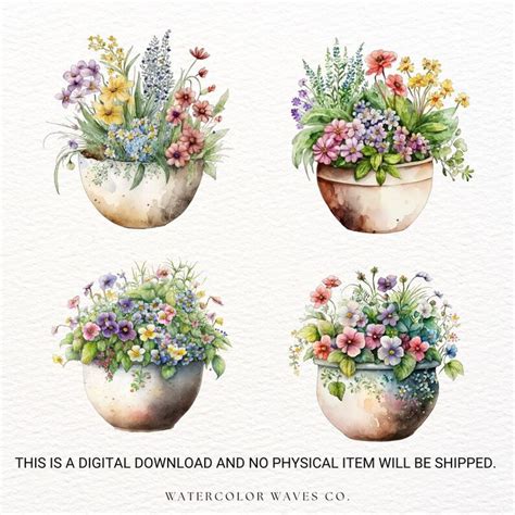 Spring Flowers Pots Clipart Floral Png Watercolor Flowers Clipart