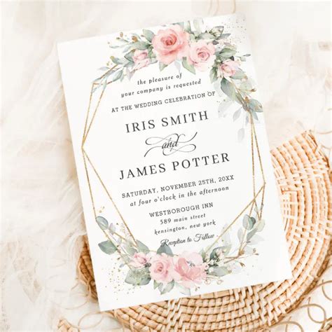 Chic Blush Pink Floral Greenery Wedding Geometric Invitation Zazzle