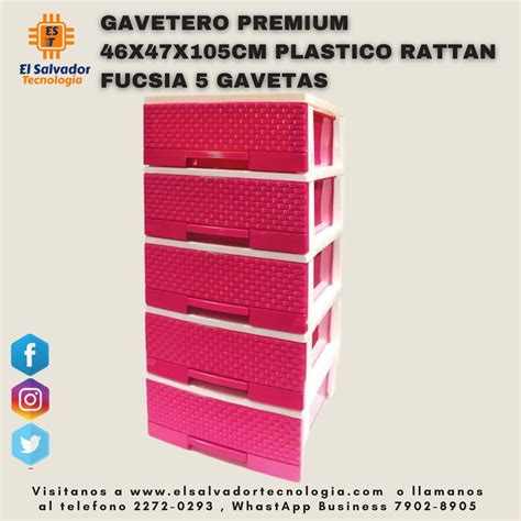 Gavetero Premium 46x47x105cm Plastico Rattan Fucsia 5 Gavetas