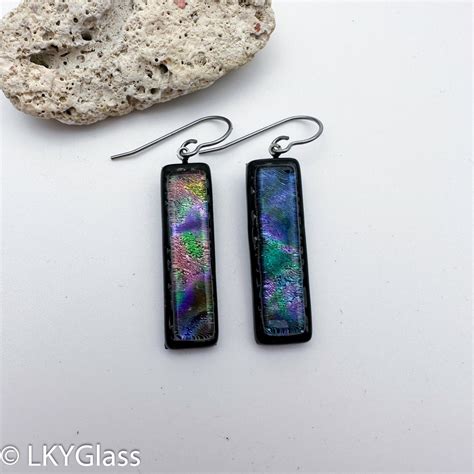 Rainbow Black Dichroic Glass Earring Pink Blue Purple Green Fused