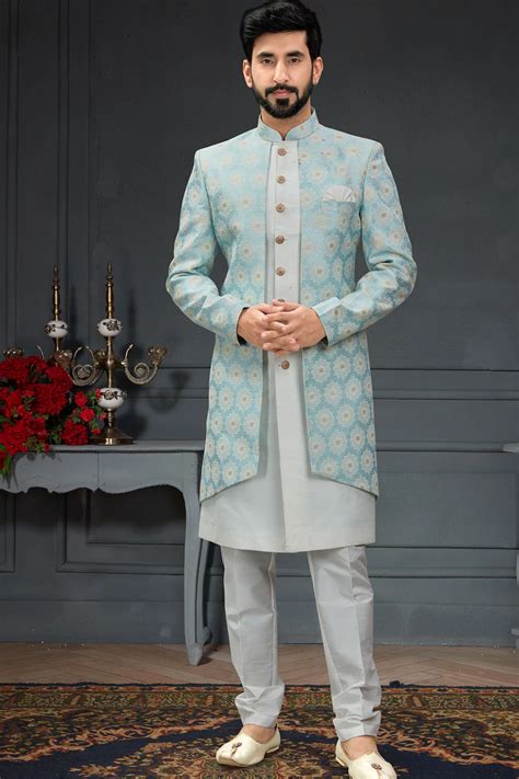 Embroidered Imported Jacquard Silk Sherwani In Sky Blue 32 Ucchal