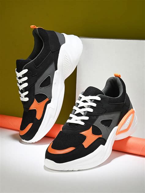 The Roadster Lifestyle Co Men Black And Orange Colourblocked Lightweight Sneakers Price History