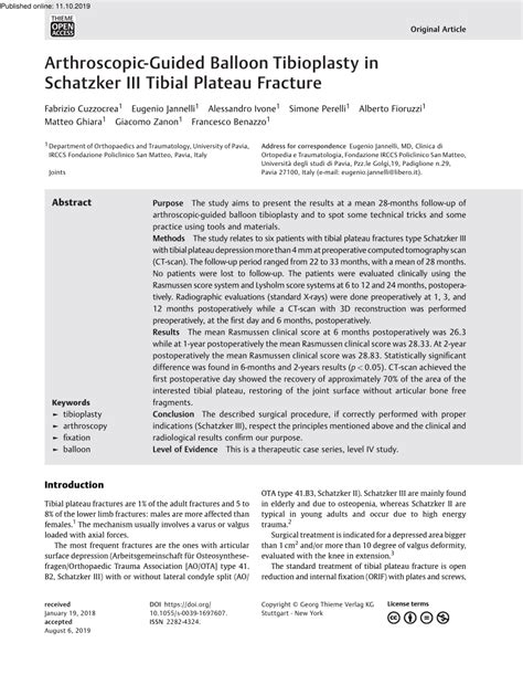 Pdf Arthroscopic Guided Balloon Tibioplasty In Schatzker Iii Tibial