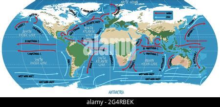 The Ocean Current World Map With Names Illustration Stock Vector Image