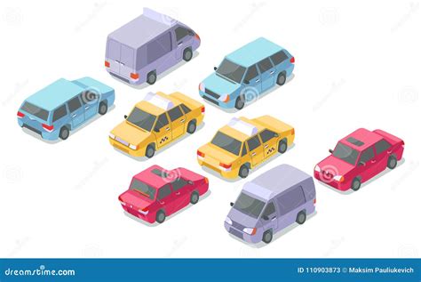 Isometric Cars Vector Illustration Isolated Icons Of Taxi Minivan