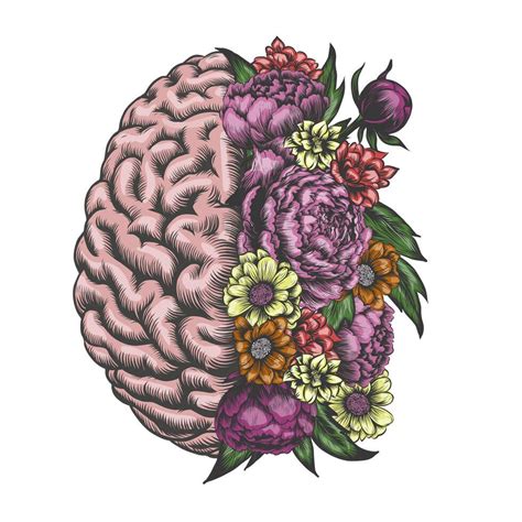 Hand Drawn Half Brain And Flowers Concept For Mental Health Floral