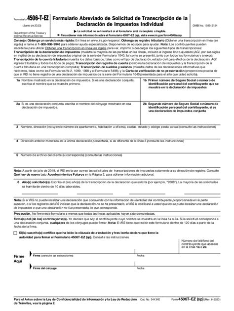 Form 4506 T Ez Sp Rev 6 Short Form Request For Individual Tax Return Transcript Spanish Version