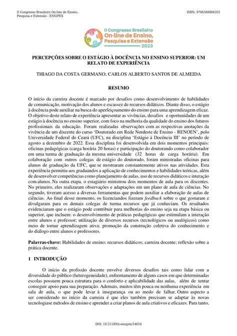 Pdf PercepÇÕes Sobre O EstÁgio À DocÊncia No Ensino Superior Um