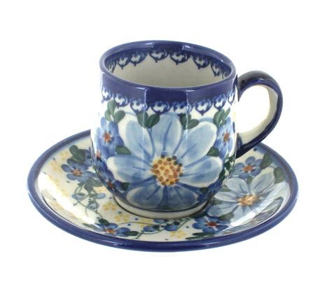 Blue Rose Polish Pottery Daisy Surprise Espresso Cup And Saucer