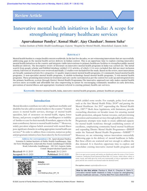 Pdf Innovative Mental Health Initiatives In India A Scope For