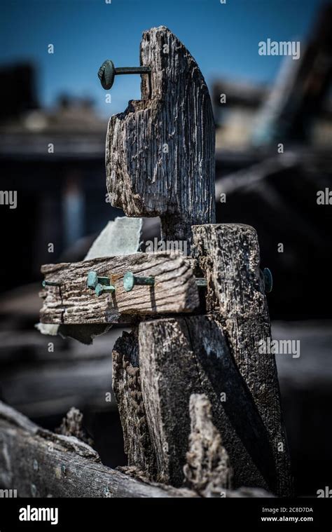 Derelict Abandoned Wooden Fishing Boat Gnarly Wood Flaking Paint On