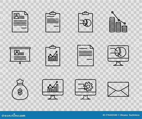 Set Line Money Bag Envelope Clipboard With Graph Chart Computer