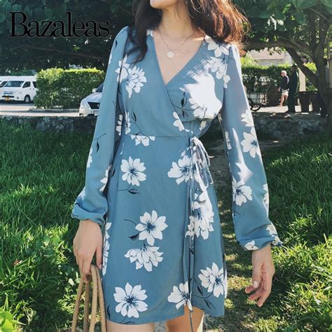 Bazaleas 2019 Vintage Azul Estampado Floral Mini Vestidos Moda