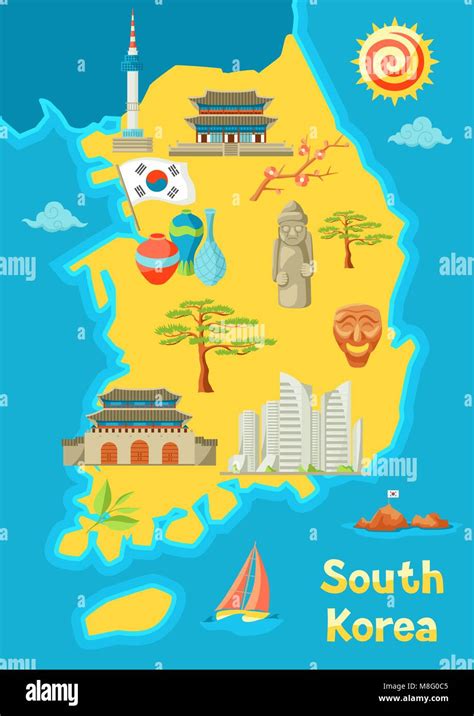 Diseño de mapa de Corea del Sur Símbolos y objetos tradicionales de