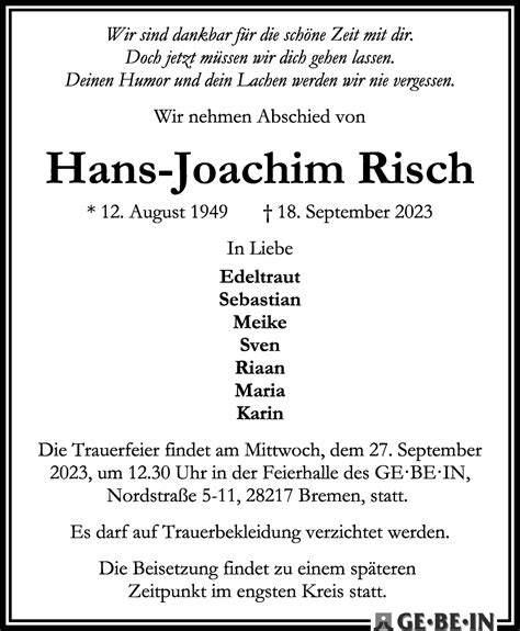 Traueranzeigen Von Hans Joachim Risch Trauer And Gedenken