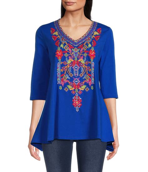 Calessa Stretch Woven Embroidered V Neck 3 4 Sleeve A Line Tunic