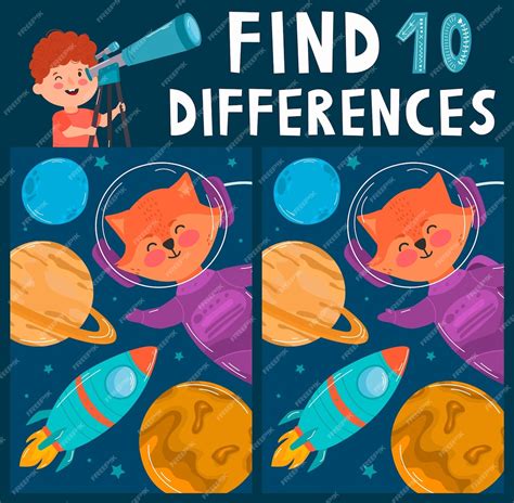 Premium Vector Find Ten Differences Cute Cartoon Space Elements Fox