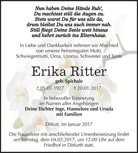 Traueranzeigen Von Erika Ritter Abschied Nehmen De