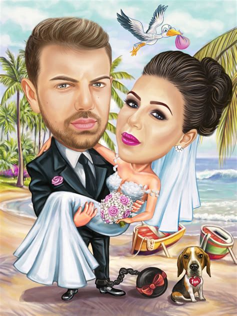 🎨 Personalized Beach Wedding Caricature With A Stork From A Photo The