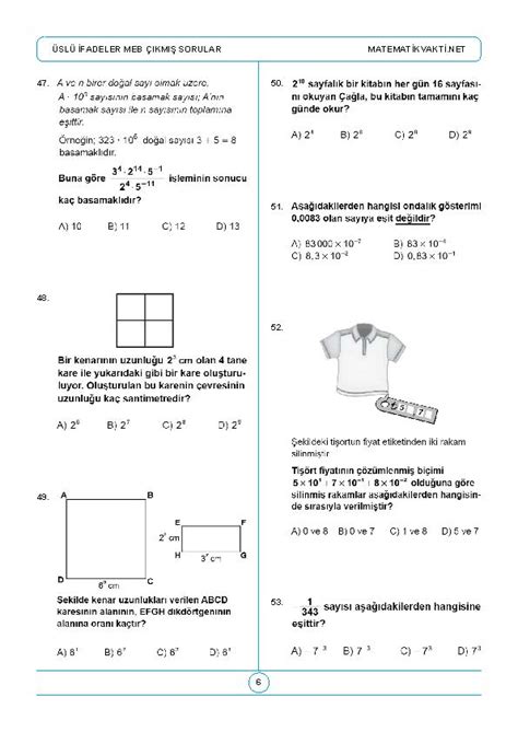 8 Sınıf Üslü İfadeler Meb Çıkmış Sorular Bursluluk Teog Matematik