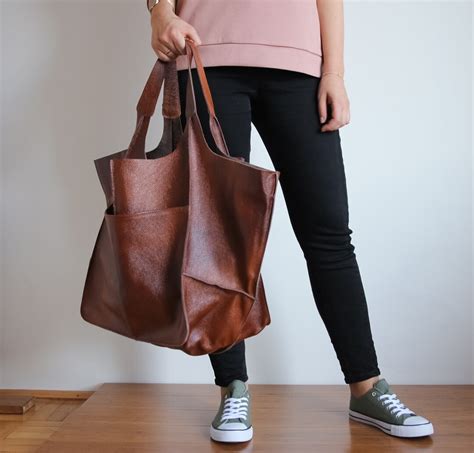 Oversize Weekender Bag Large Leather Tote Everyday Foldover Bag Cognac Brown Handbag Women